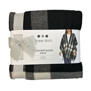 THREE DOTS Black/Ivory Erin Plaid Cashmere/Wool Blend Blanket Wrap, O/S